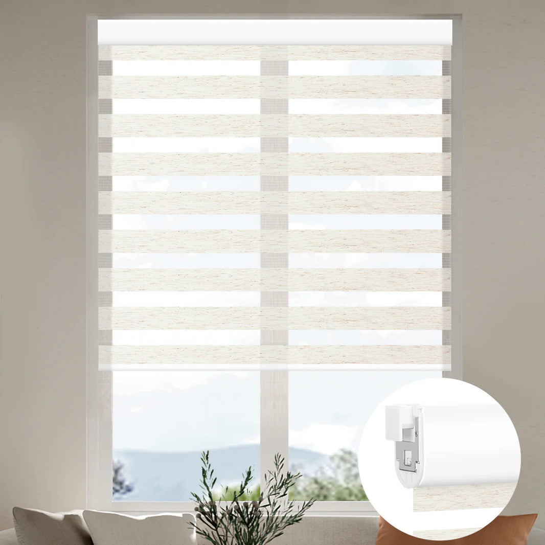 Sunelo No Drill Zebra Shades, Motorized 75% Blackout - Linen