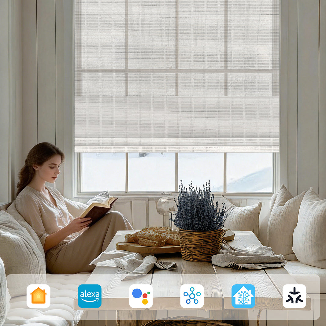 Sunelo Motorized Light Filtering Roman Shades 50% Blackout - Woven