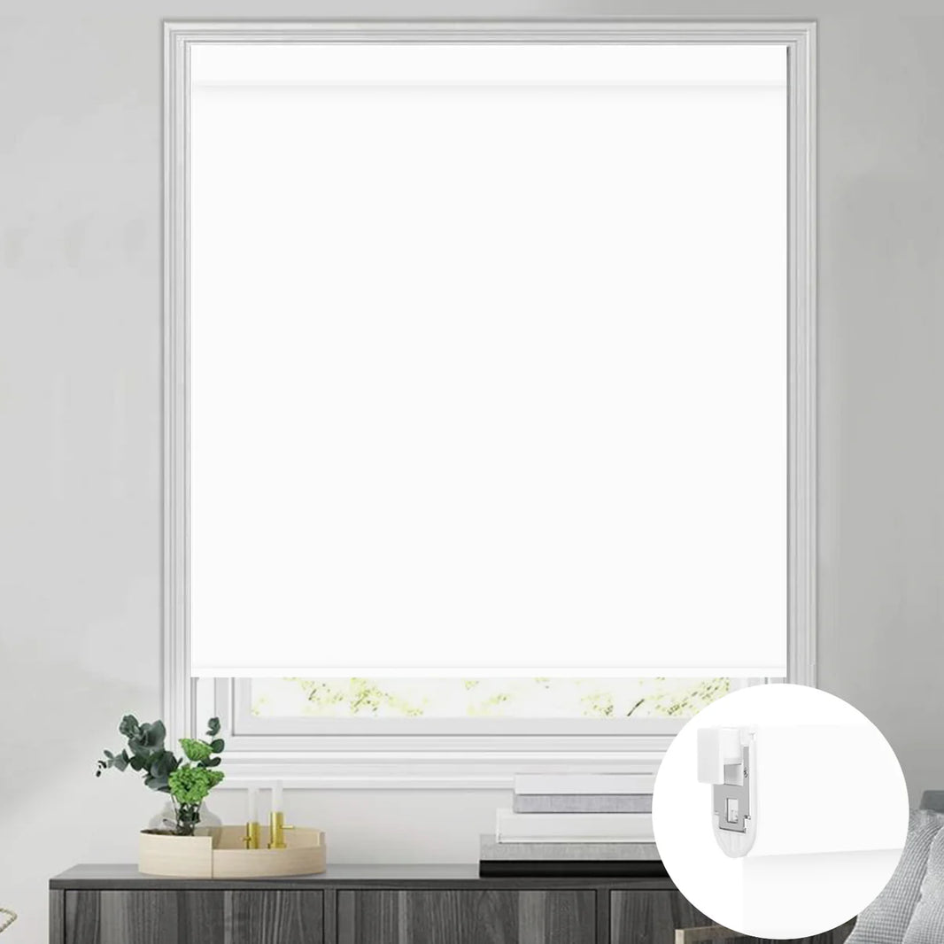 Sunelo No Drill Roller Shades, Motorized 100% Blackout - Pure