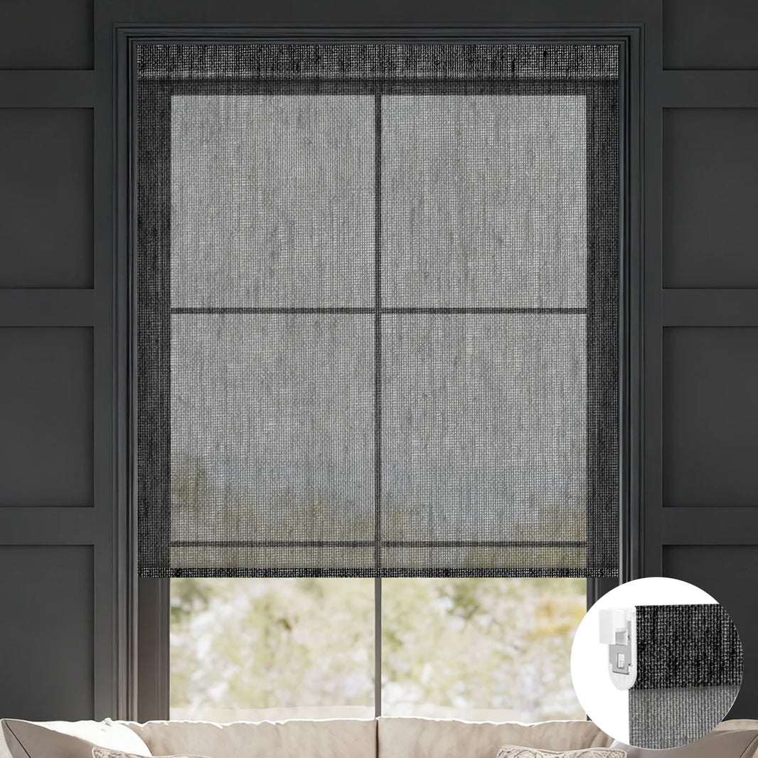 Sunelo No Drill Roller Shades, Motorized 50% Blackout Light Filtering - Sheer